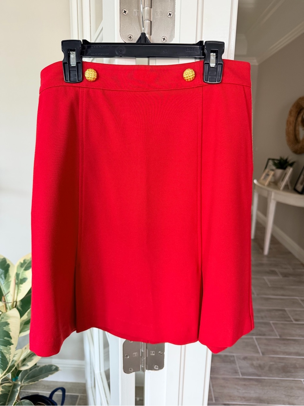 CAbi Broadcast Red A-Line Skirt with Gold Button Accents- comfy ponte knit